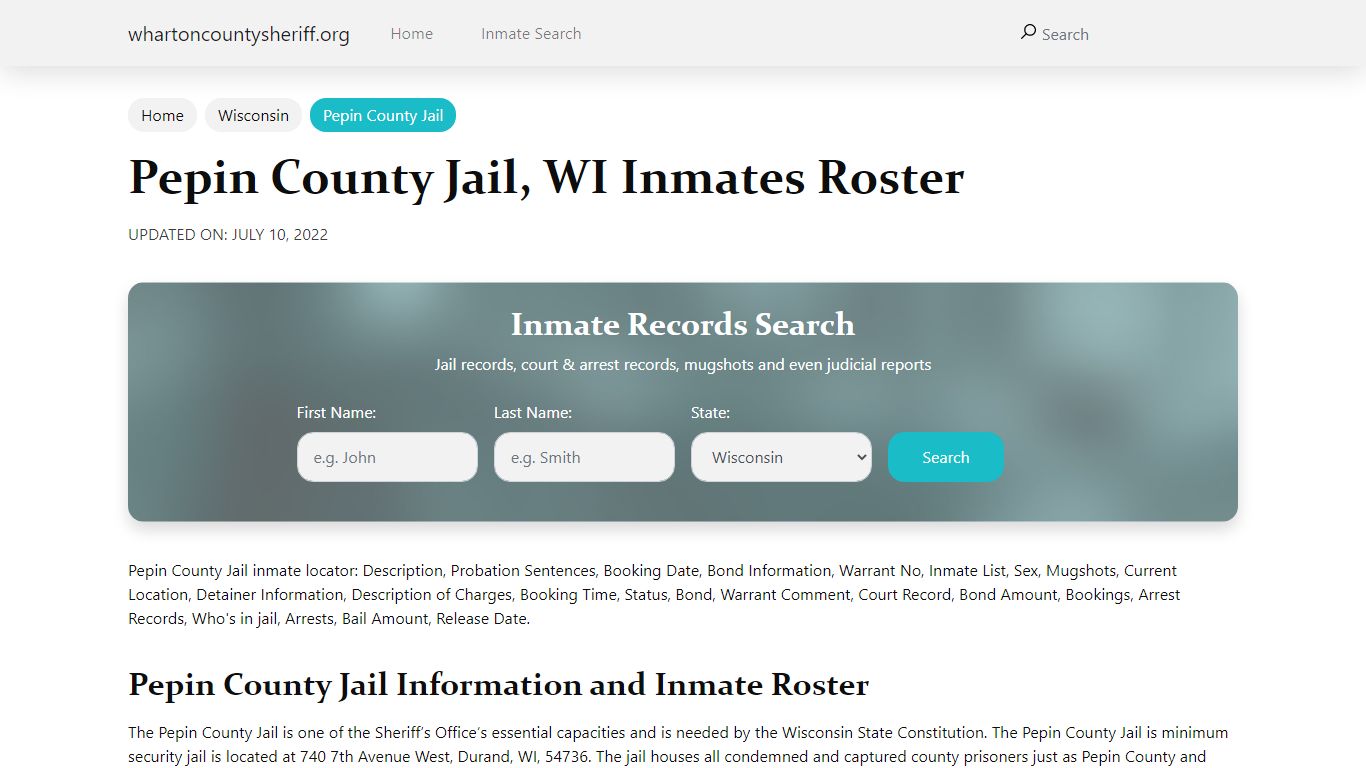 Pepin County Jail, WI Jail Roster, Name Search